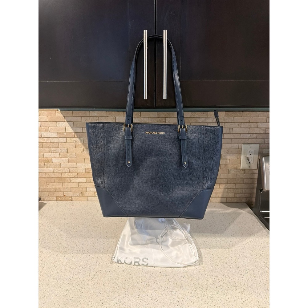 Michael Kors Navy Blue Pebbled Leather Tote Bag Large Zip Top Shoulder Purse new